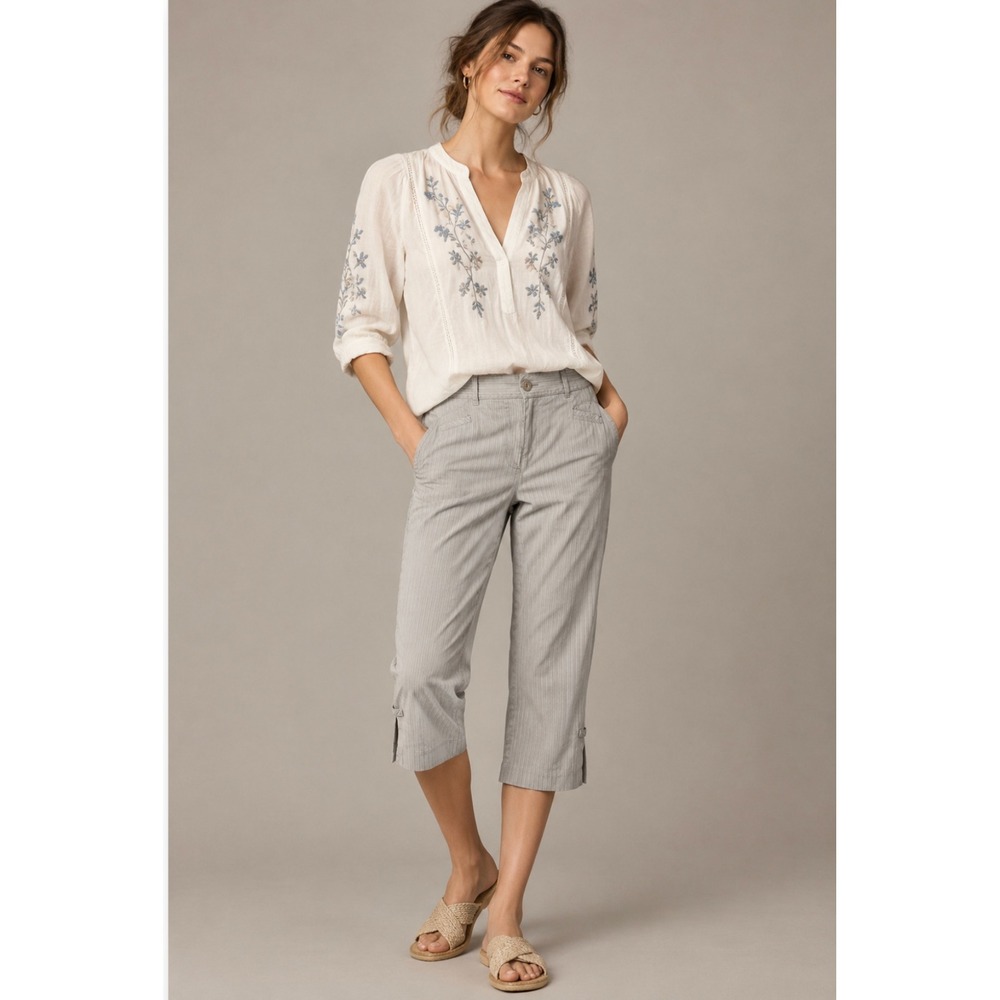 Tribal Pinstripe Capris 12 Beige Cotton Stretch Cropped Pants Dark Academia